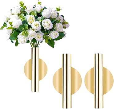 2 Pcs Gold Wall Decor, Plant Wall Vase Metal Tube Decoration Holder Used to Display Dried Flowers, Faux Flowers, Fake Flowers, Also Suitable for Gravestone Memorial Decoration Round Gold
