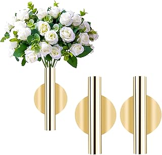 2 Pcs Gold Wall Decor, Plant Wall Vase Metal Tube Decoration Holder Used to Display Dried Flowers, Faux Flowers, Fake Flowers, Also Suitable for Gravestone Memorial Decoration (Round Gold)