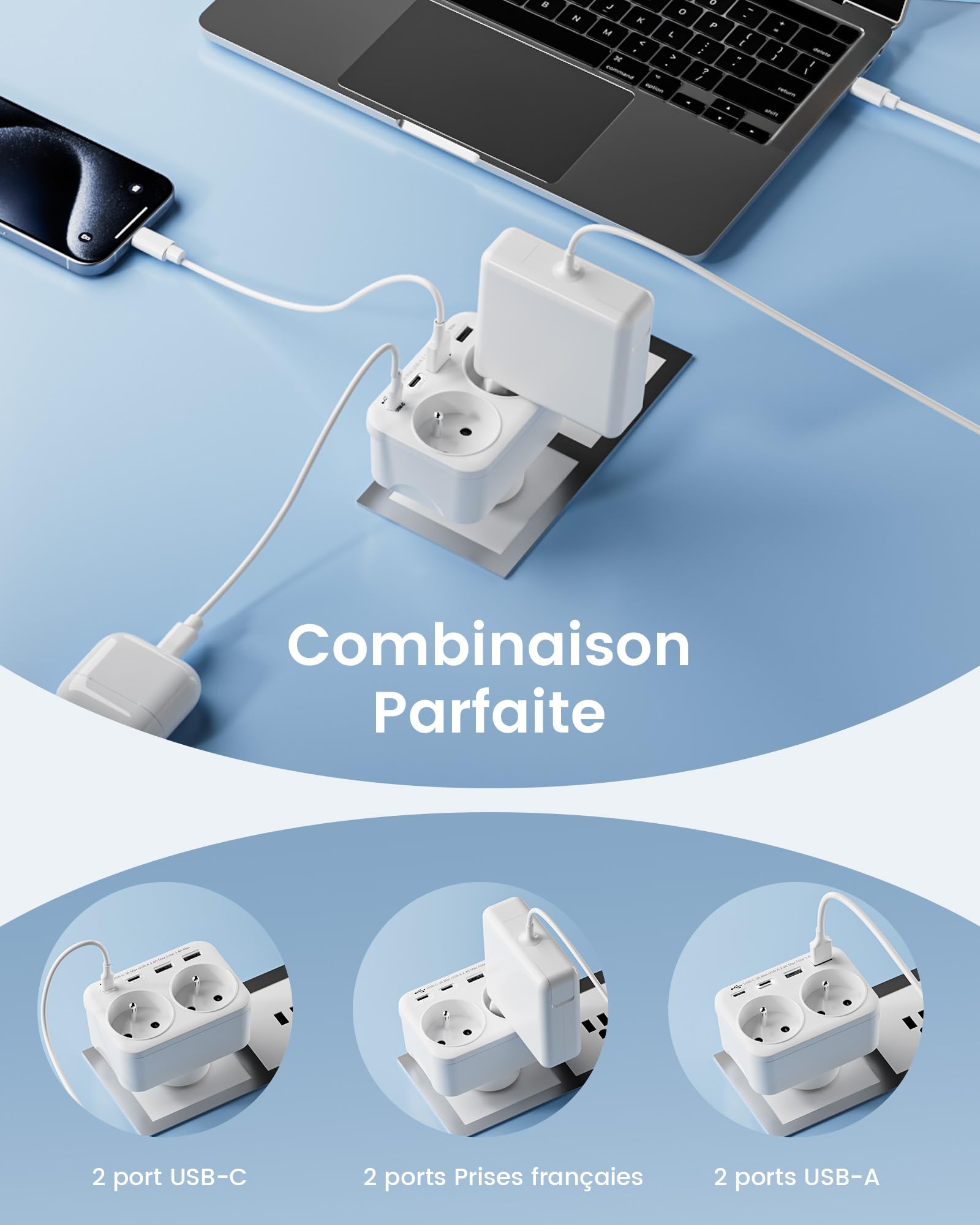 LENCENT Adaptateur de Voyage Type B - 6 en 1 vers USA/Canada/Mexique/Thaïlande - Prise Française avec 2 Prises AC et 2 Ports USB-A，2 Ports USB-C -pour appareils français aux États-Unis