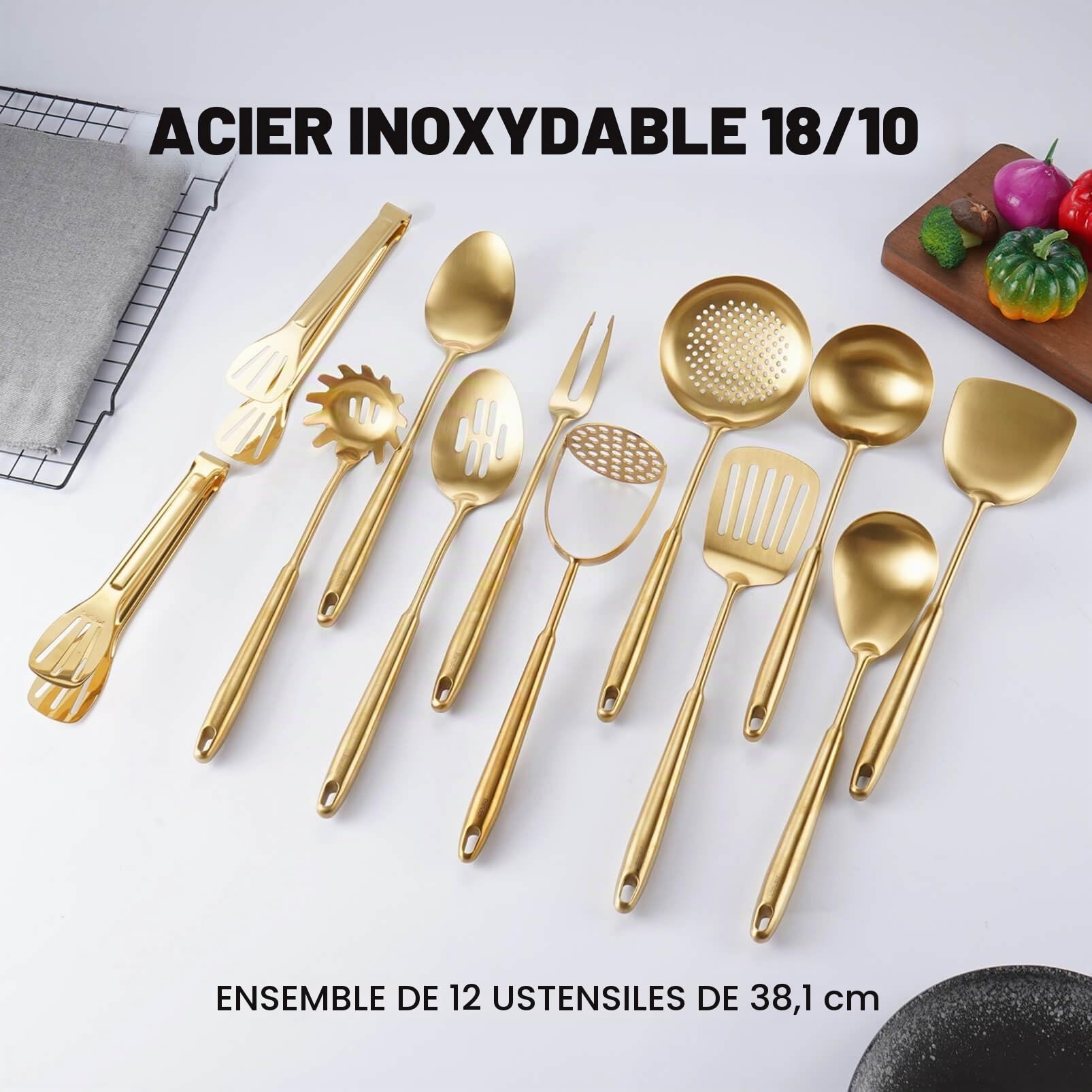 Ensemble d'ustensiles de cuisine dorés, 12 ustensiles de service en laiton mat, outils de cuisine en acier inoxydable 18/10 – Presse-purée, pince, fourchette à viande, spatule, spatule, louche