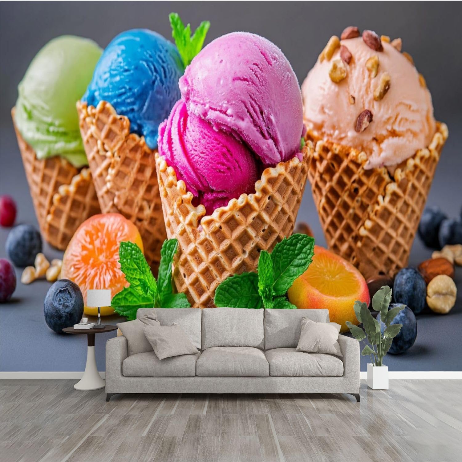 3D Wallpaper Colorful Ice Cream Dessert Food 3D Home Decor Party Cones Bright Self Adhesive Bedroom Living Room Dormitory Decor Wall Mural Stick and Peel Background Wall Ceiling Wardrobe Sticker