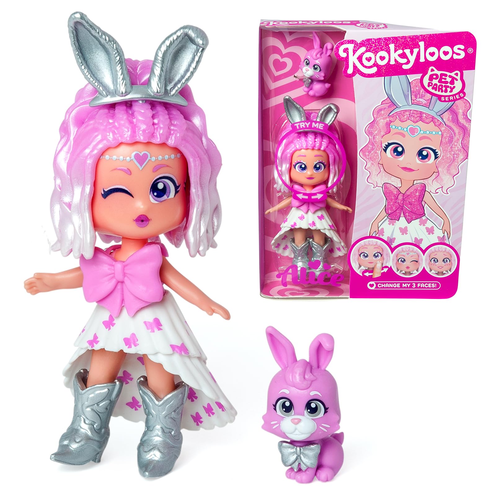 KOOKYLOOS Pet Party ALICE – Alice Doll With Rabbit Pet, 3 Faces, Outfit, Shoes and Accessory