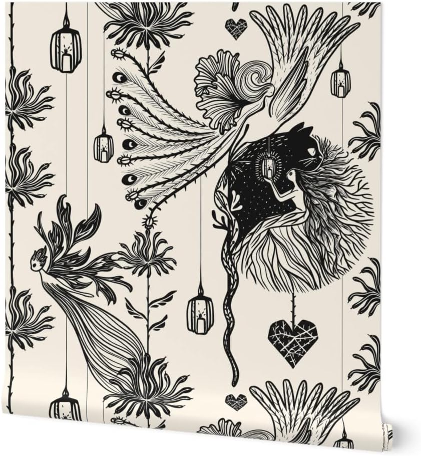 Peel & Stick Wallpaper 3ft x 2ft - Fairy Bird Flowers Dark Cat Night Gothic Fantasy Custom Removable Wallpaper by Spoonflower