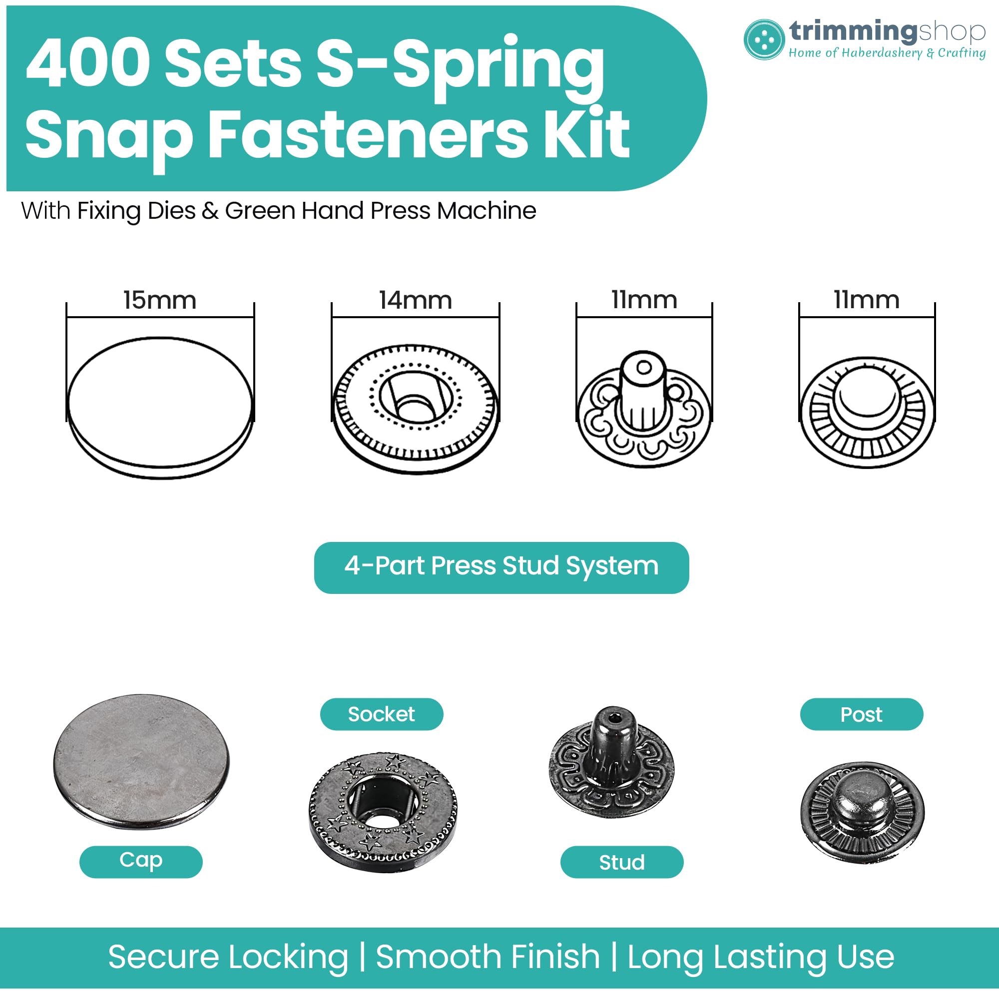 Trimming Shop Juego de 400 botones de presión de resorte S de 15 mm, botones de metal sin coser con troqueles de fijación y prensa manual de máquina verde para manualidades, bolsos, cinturones,