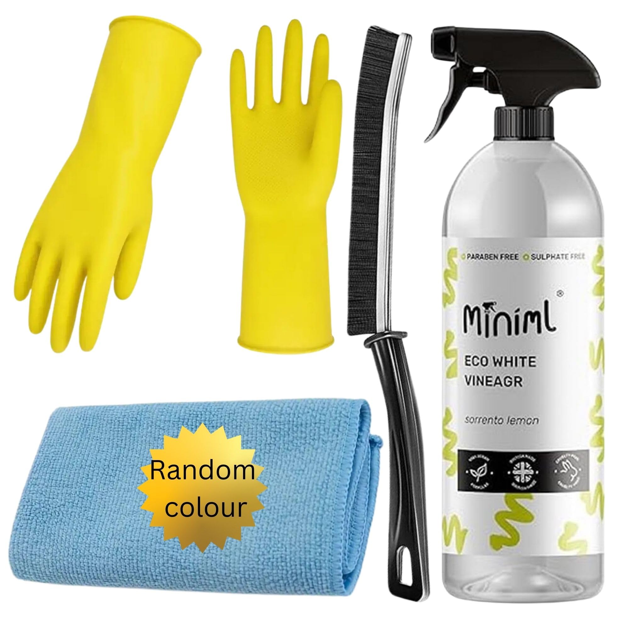 Miniml Eco Cleaning Products White Vinegar Bundle - Lemon Scent Multi-Purpose Cleaner, Rubber Gloves Medium, Microfibre Cloth, Cleaning Brush for Small Spaces - Natural Cleaning Supplies for Home
