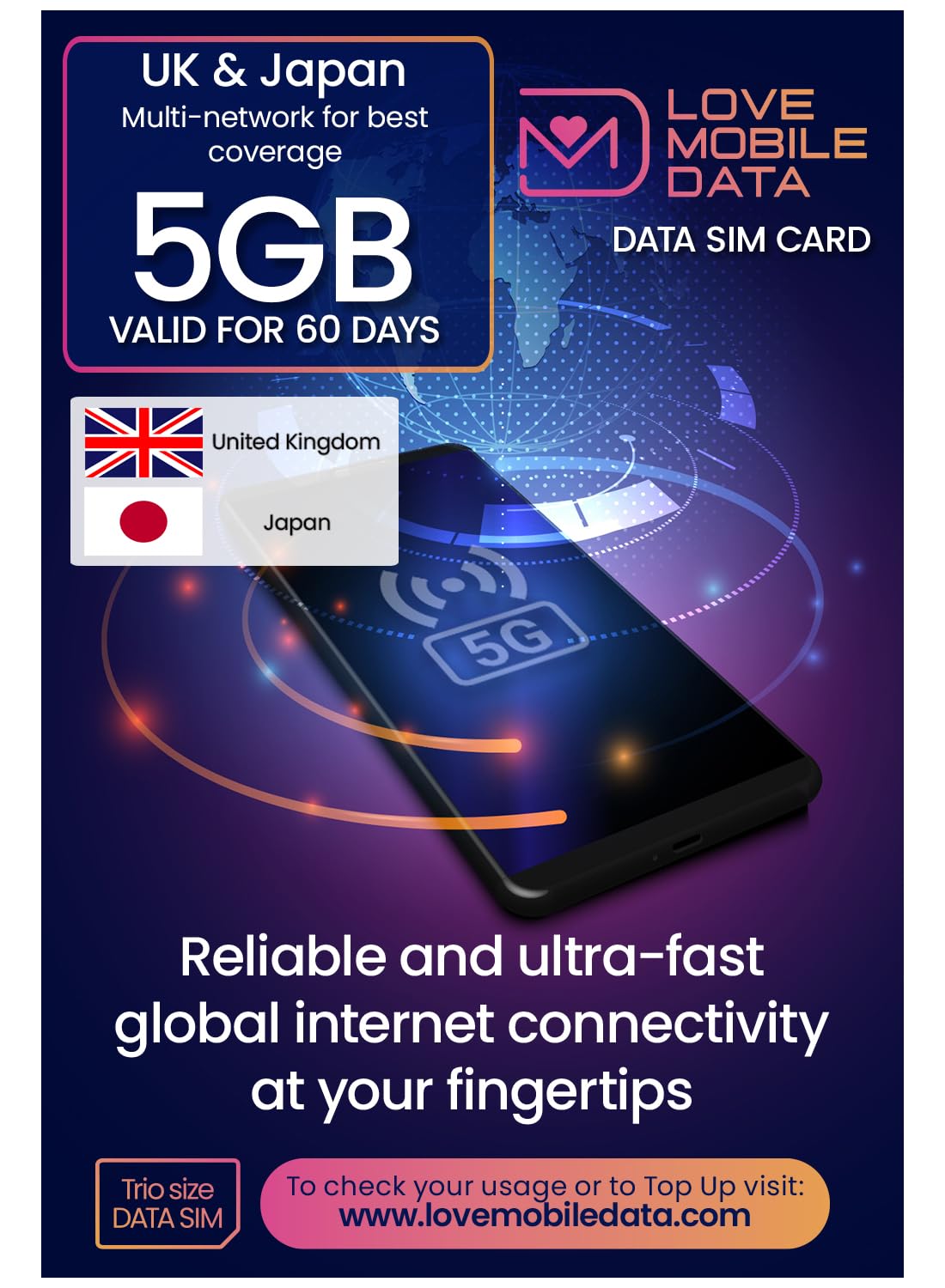 Love Mobile Data Only Sim Card - International Multi-Network 4G/5G Prepaid Pay As You Go Data Sim for Mobile Phones, WiFi Routers, & More, Japan & UK Coverage, 5GB for 60 Days