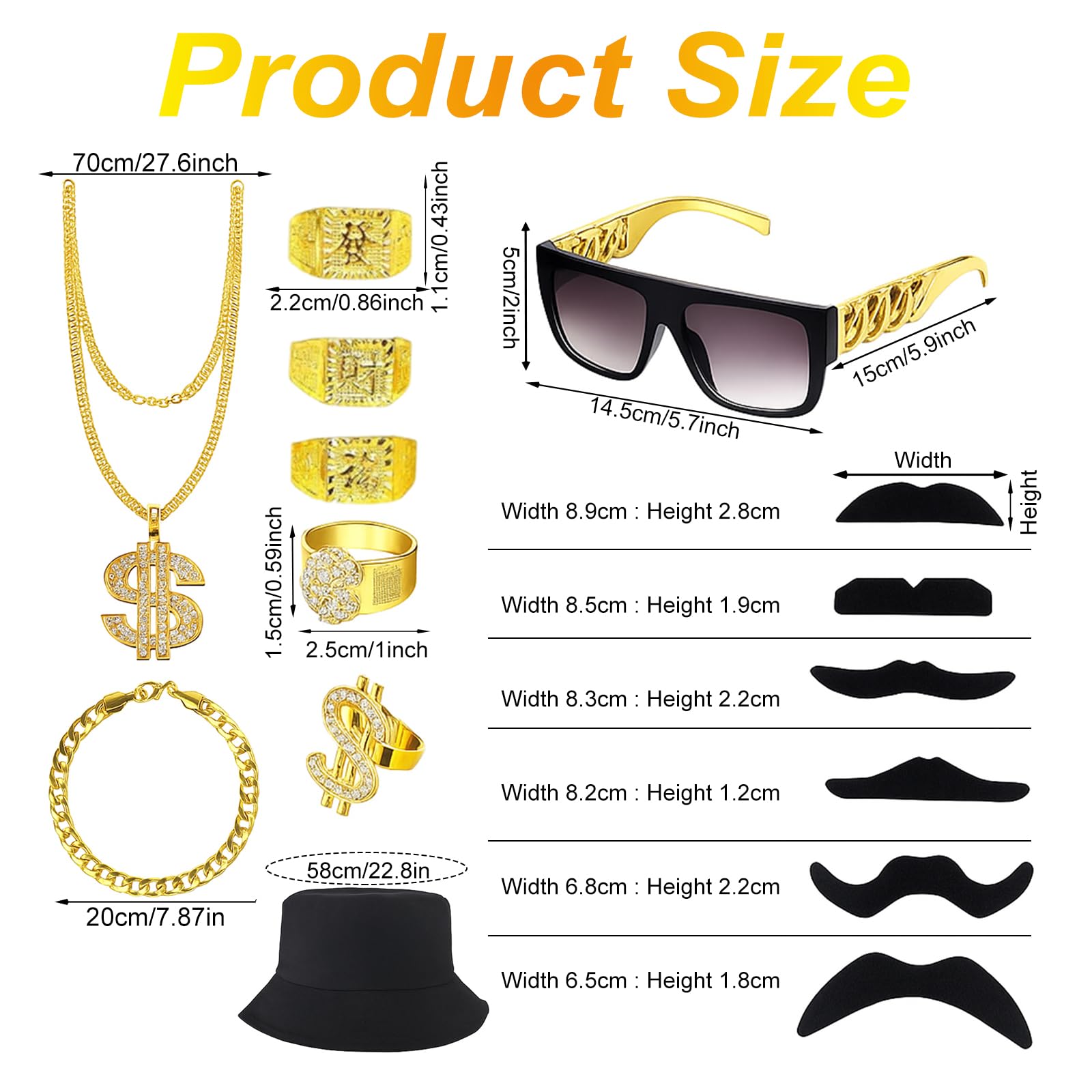 Fake Gold Chain,80s Fancy Dress Men,15Pcs World Book Day Costumes Set Includes Hat Ring Glasses Bracelet Fake Gold Chain Beard,Carnival Costume for Hippie Disco Themed Party for Ages 15 and Above - Image 2