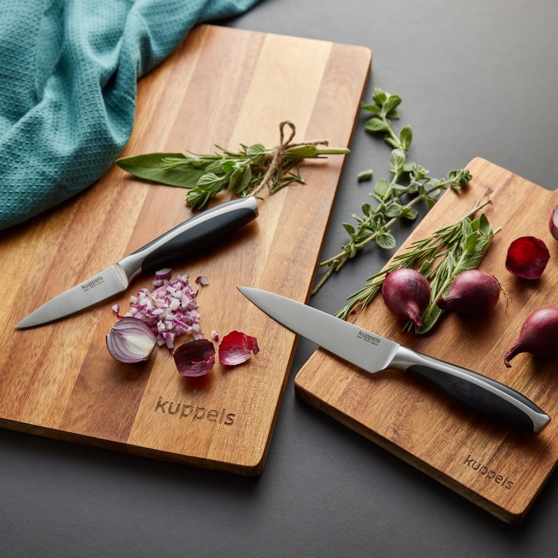 Kuppels Küchenmesser-Set 3-tlg., Kochmesser, Brotmesser, Allzweckmesser | Schwarze ABS-Griffe und hochwertiger MoV-Stahl 50CrMoV15 sorgen für optimale Balance, Griffigkeit und Langlebigkeit