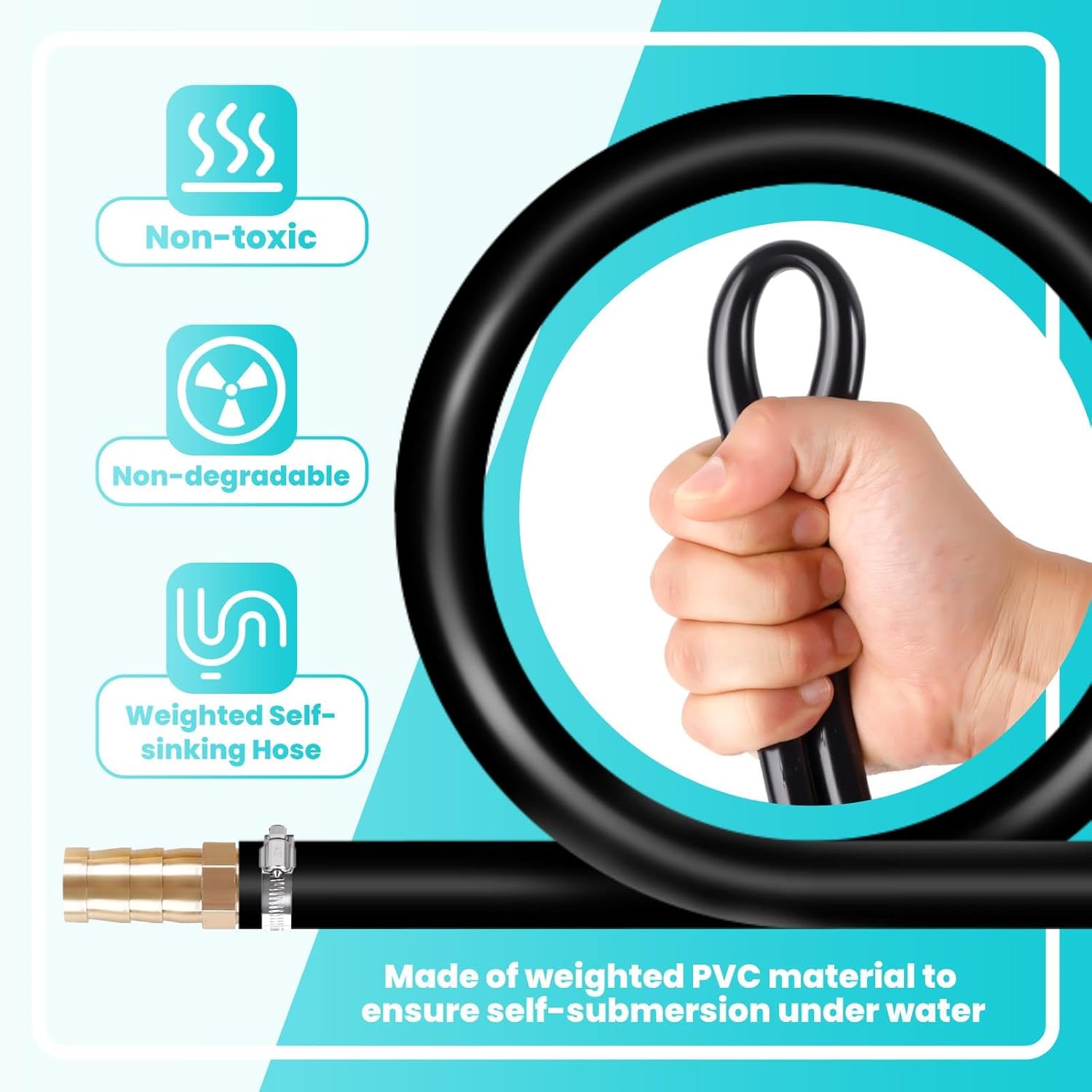 3/8 Inch Weighted Aeration Hose for Pond and Fountain, 100FT Self Sinking Pond Tubing with 4 Stainless Steel Hose Clamps and 4 Copper Menders, Resists Splitting Kinking, Non-Clogging Design