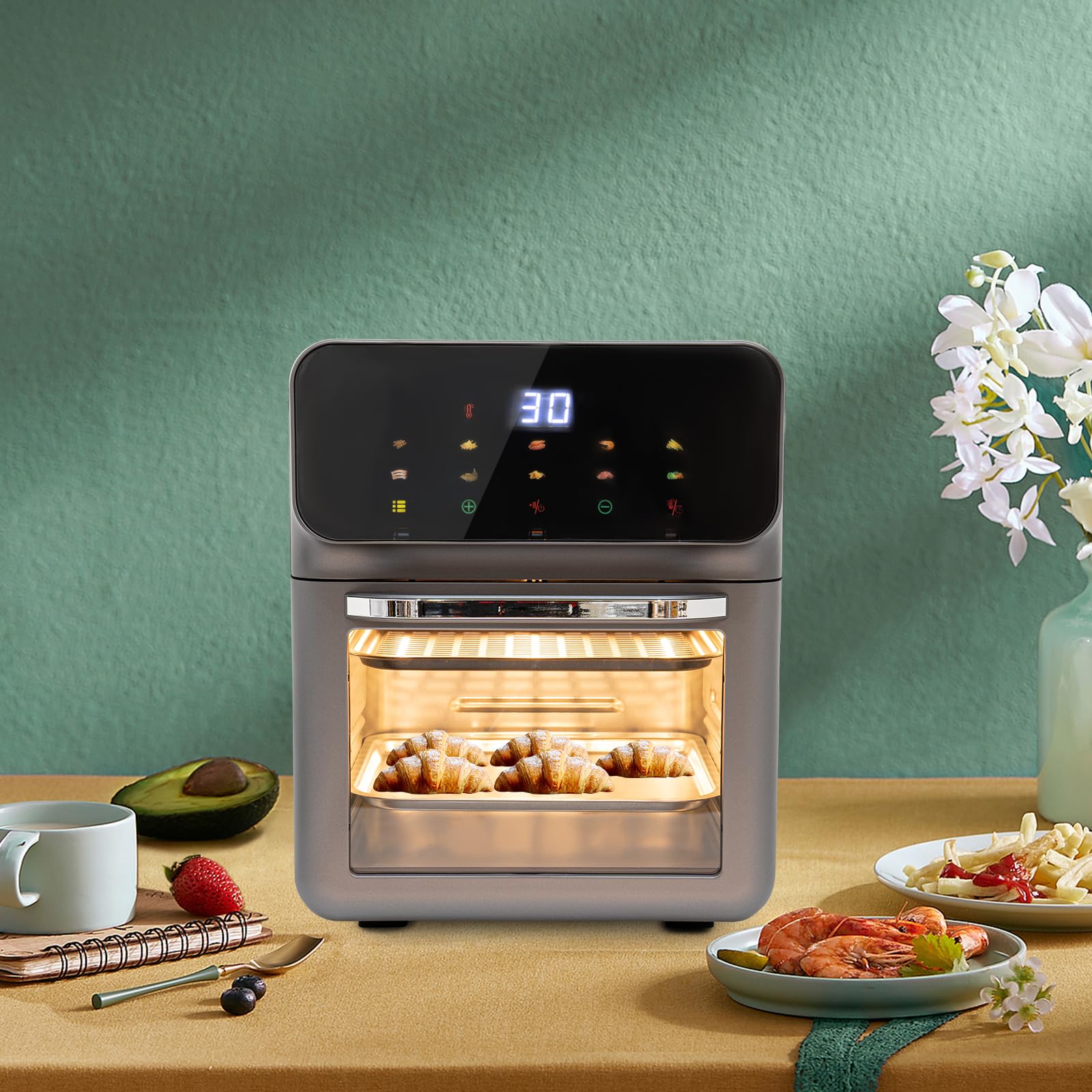 Mini piekarnik 13 l, mały piekarnik stołowy, mały piekarnik elektryczny, czarny, ekran dotykowy, blat stołu, kontrola temperatury, piekarnia, grillowanie, rodzina