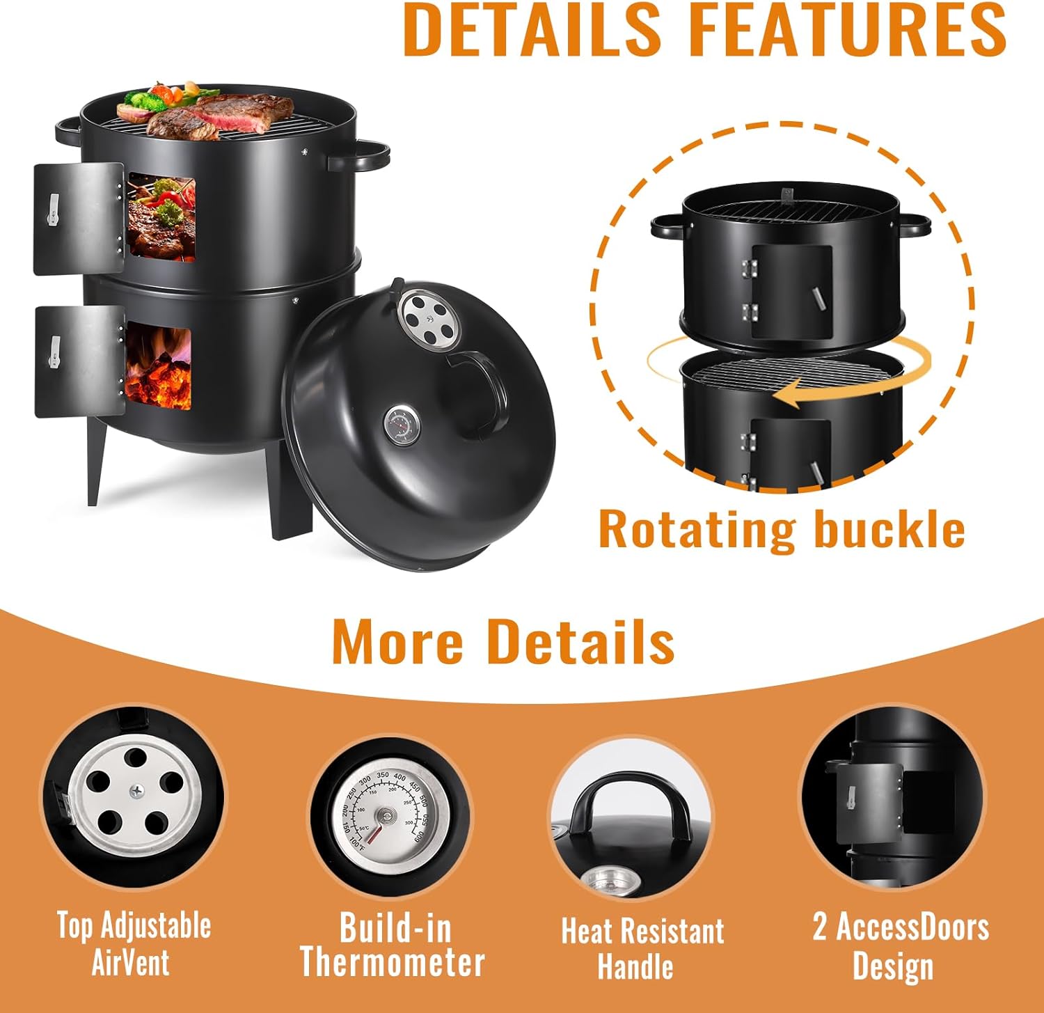 Vertical 17 Inch Charcoal Smoker Grill with Thermometers and Air Vent, Multi-Layer Meat 3-in-1 Portable light weight with 2 Access Doors Grill Smoker (17 INCH)