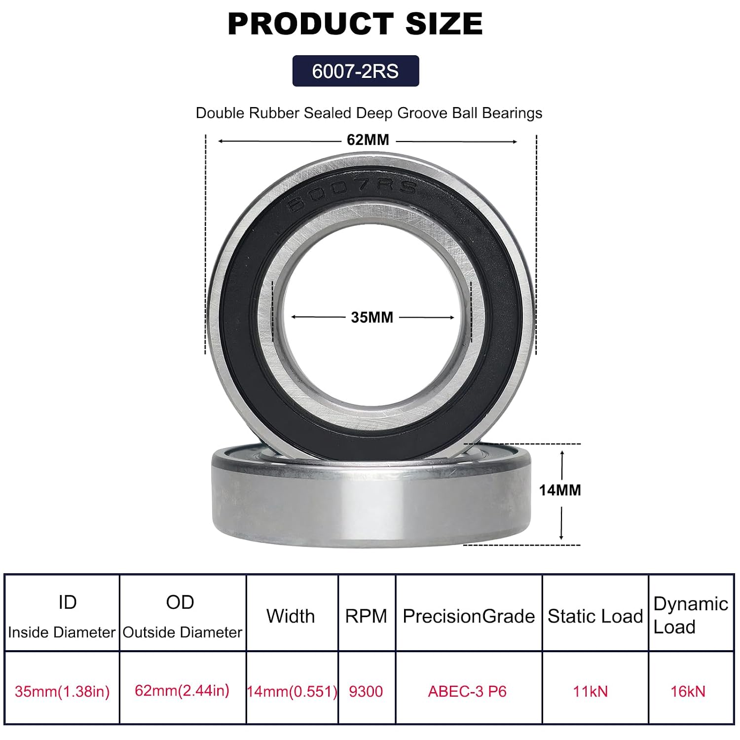 10 PCS 6007-2RS Double Rubber Seal Bearings 35x62x14mm, Pre-Lubricated and Stable Performance and Cost Effective, Deep Groove Ball Bearings. (6007- RS)