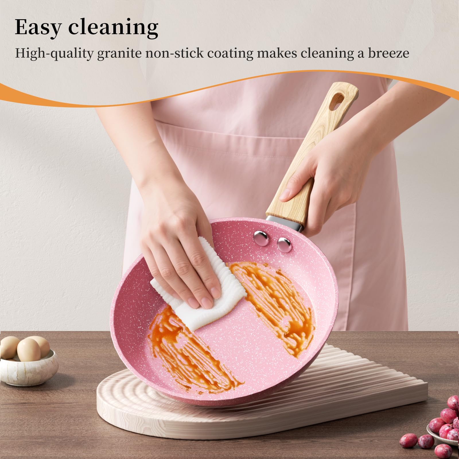 Innerwell Padella Antiaderente 20 cm, Padelle Induzione, Rivestimento Antiaderente Granito Professionale, Padella Omelette Ceramica, Senza PFOA, Atossica, Lavabile Forno, Lavastoviglie, Rosa