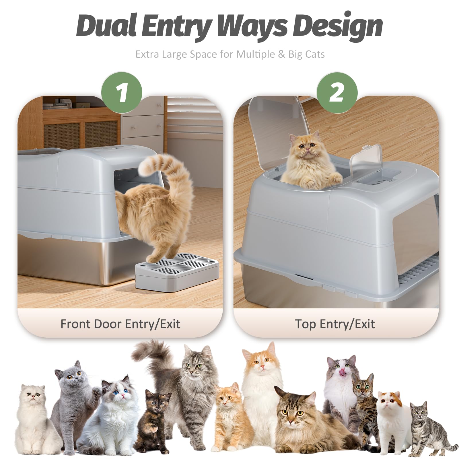 Edelstahl Katzenklo mit Deckel, 40L Große Kapazität 110° Flip-Cover Design | XXL Metall Geschlossen Katzentoilette aus Edelstahl mit Schaufel und Fußpedal, Hoher Rand, Auslaufsicher und Leicht Reinigen