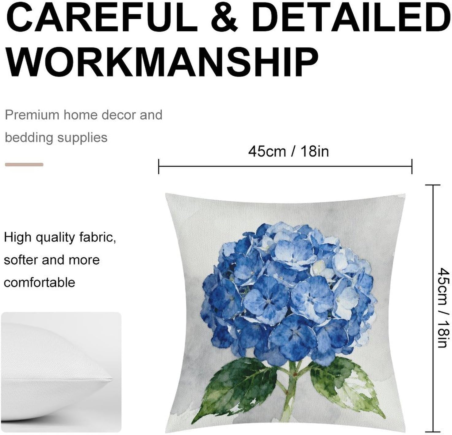 Blue Hydrangea Pillow Protectors Cute Waterproof Pillow Cover Soft Skin-Friendly Cushion Case Decorative Square Cushion Cover for Couch Sofa Bed Living Room Bedroom