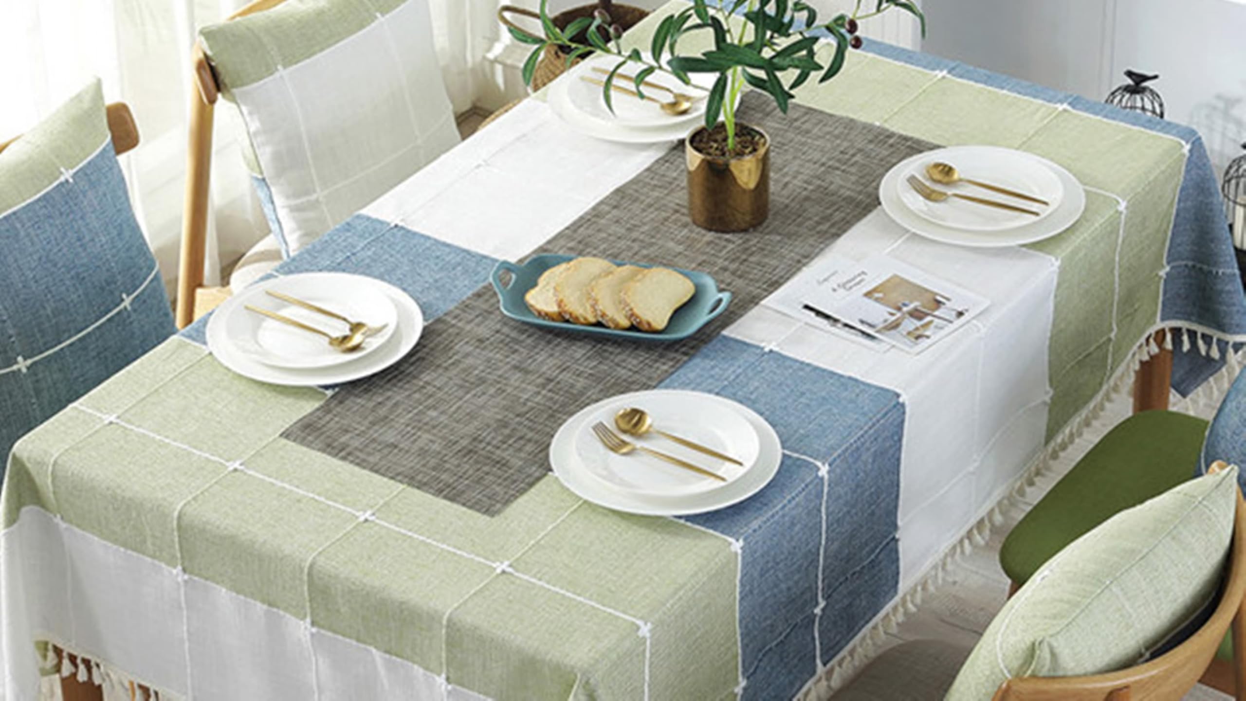 Tischdecke Rechteckig 140x140 cm, Polyester Tischtuch Abwaschbar Kariert Gestreift mit Fransen Tischwäsche für Küche Esstisch Dekoration, Grün Blau
