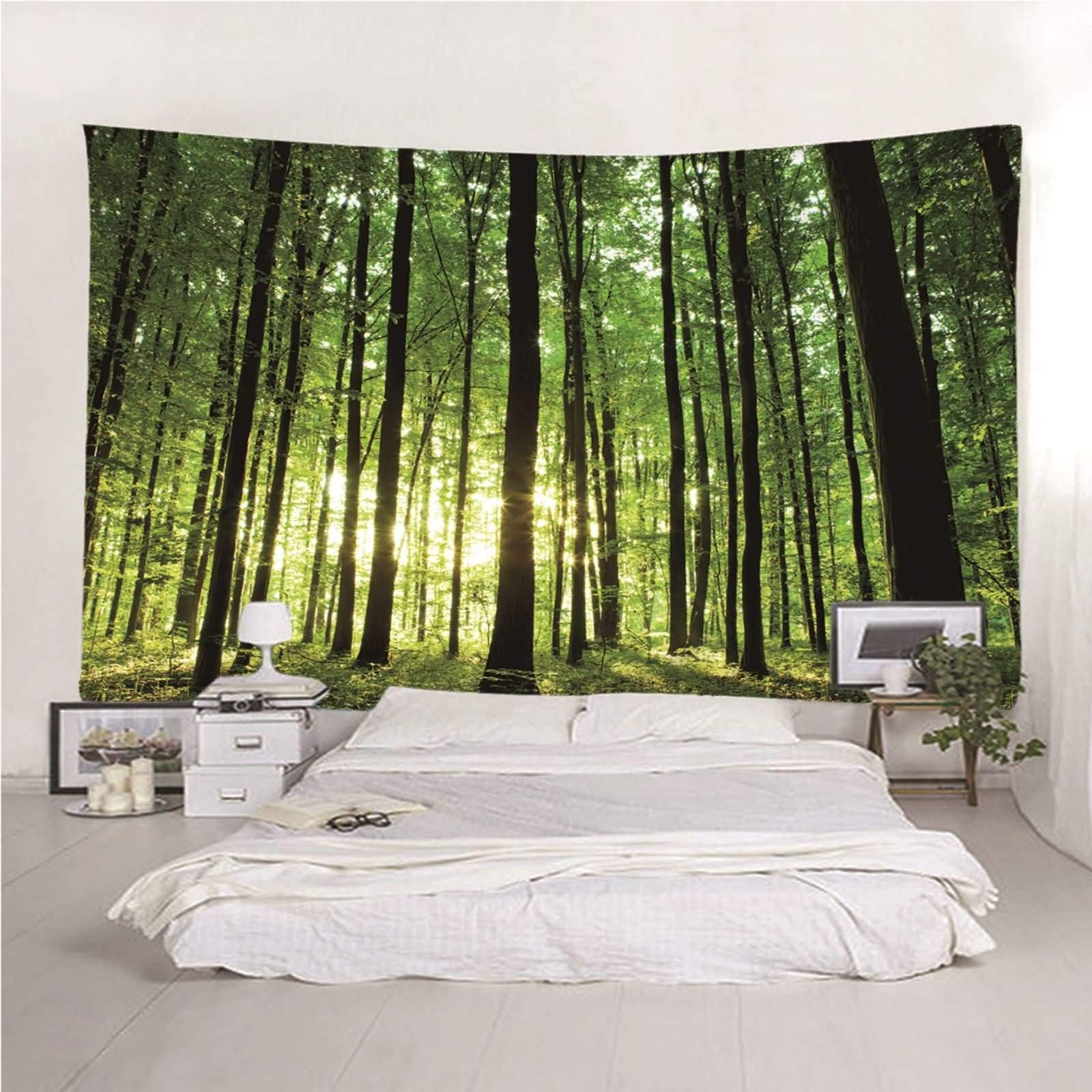 Homxi Sofa dywan ścienny 200 x 200 cm, zasłona ścienna, poliester, las i słońce, zasłona ścienna, zielona