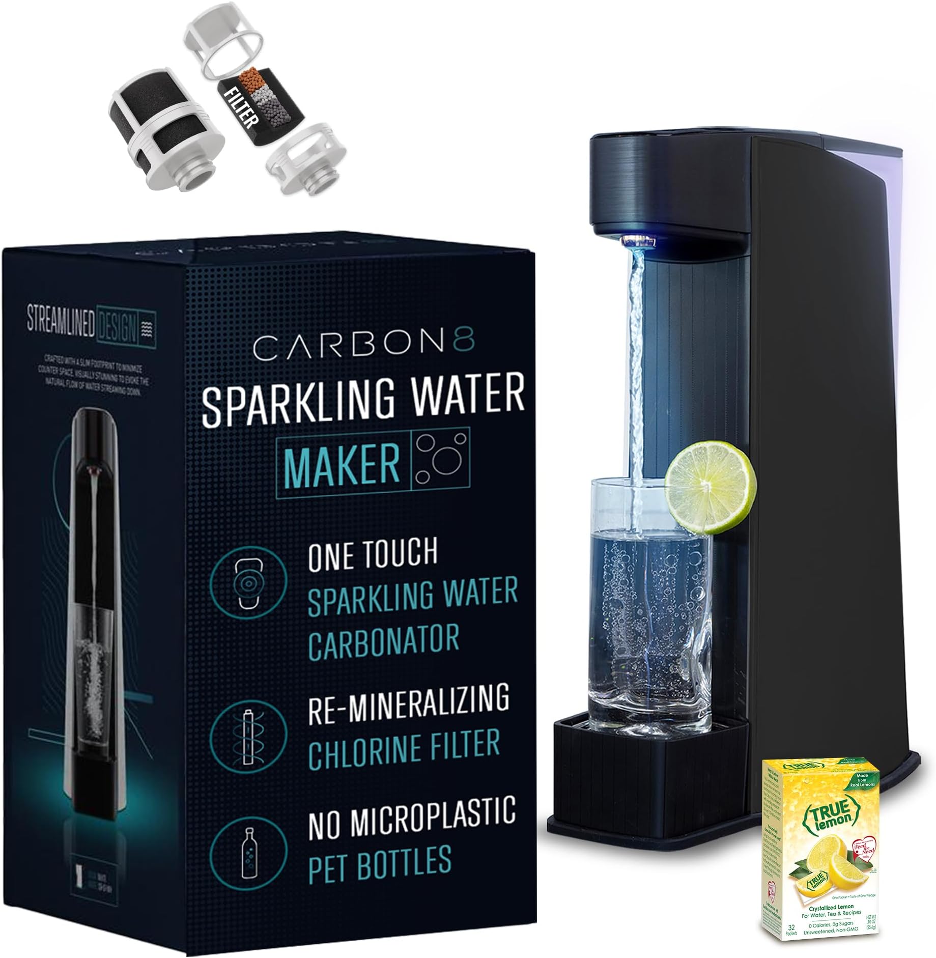 Carbon8 Sparkling Water Maker Machine, Home Soda Stream Machine, Screw-In CO2 Carbonator, Countertop Water Mineralizer, Seltzer Soda Maker Dispenser, CO2 Cylinder Not Included, Black