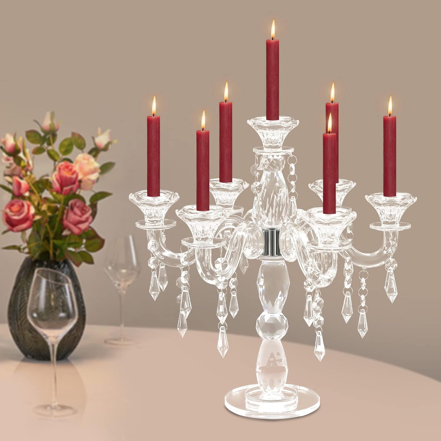 7-Arm Crystal Candelabra, Candlestick Holder Elegant Classy Looking Candelabra Centerpieces for Tables, Clear Candle Holder 13.5x14 Inch Glass Sparkling Candelabra Centerpiece for Wedding