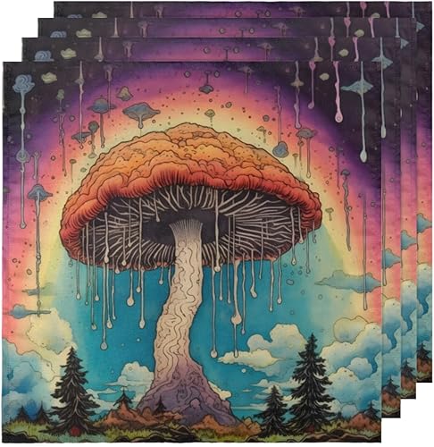 Miniatura 5 de Juego de 4 servilletas de tela con diseño de hongos arcoíris de 20 x 20 pulgadas, diseño de hongos psicodélicos, lavables, reutilizables, para