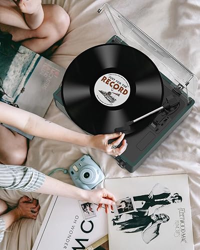 Miniatura 7 de Tocadiscos para vinilo con altavoces, receptor inalámbrico Bluetooth, fonógrafo LP, 3 velocidades, RPM, auriculares accionados por correa, AUX RCA,