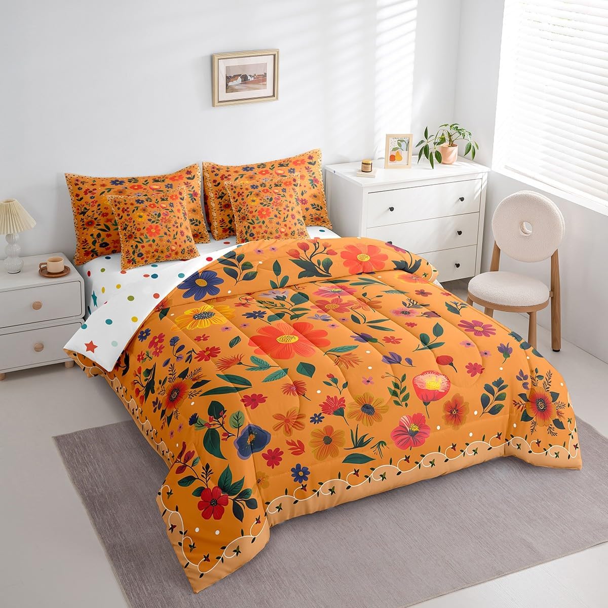 Boho Floral Comforter Set 7 Piece Bed in a Bag Twin,Rainbow Flowers Bedding Set Watercolor Botanical Sheet Set with Comforter,Garden Plant Leaves Bohemian Tree Branch Leaf Kawaii Bed Set,Orange