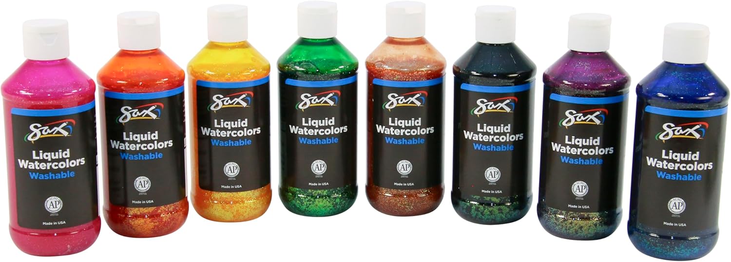 Sax Liquid Washable Watercolor Paint, 8 Ounces, Assorted Glitter Colors, Set of 8