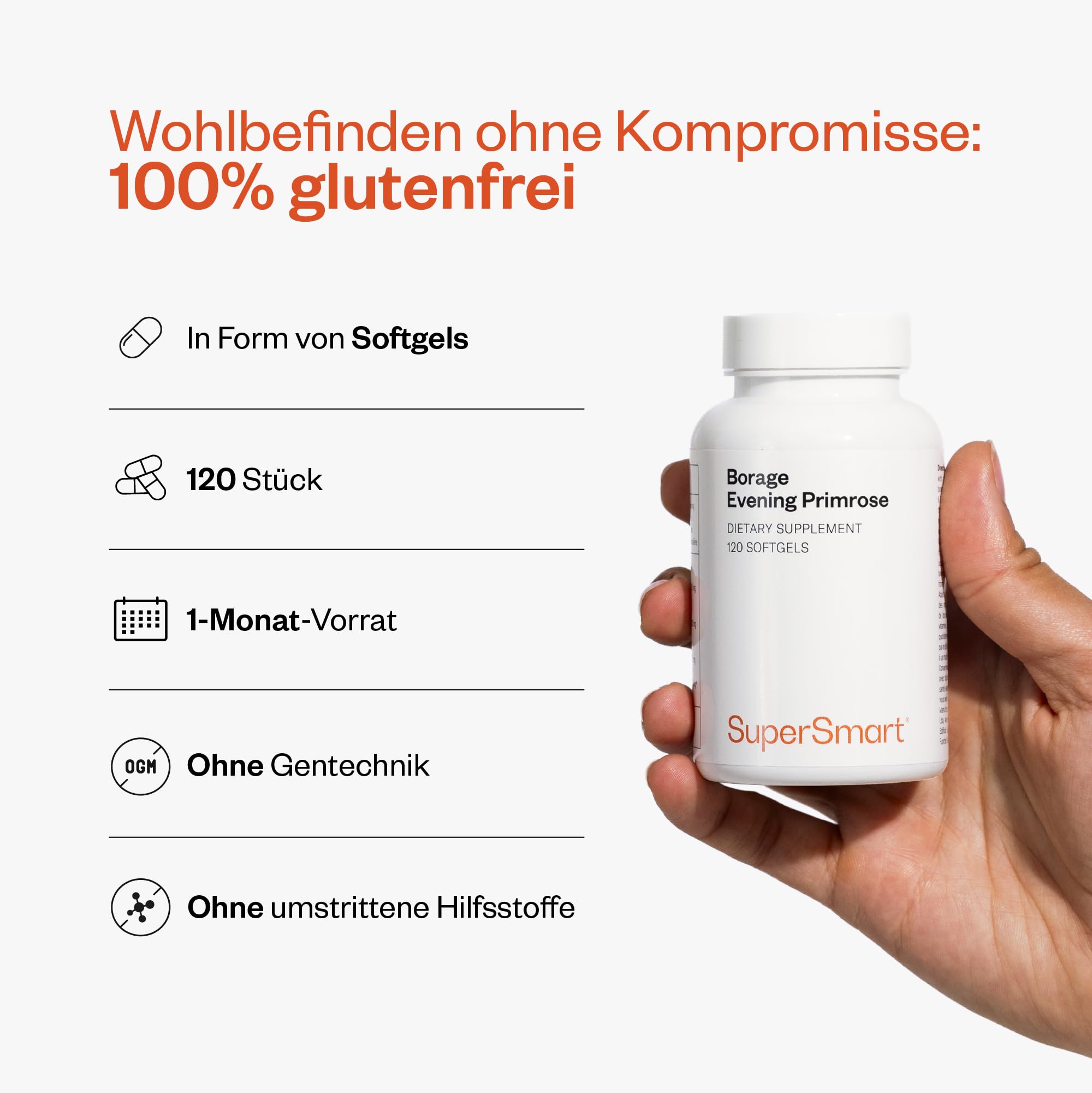 Borretsch- und Nachtkerzenöl + Vit E - Strahlende Haut - Tiefenwirksame Feuchtigkeitsversorgung - Kaltgepresste Öle - Prämenstruelles Wohlbefinden - Vegan - SuperSmart
