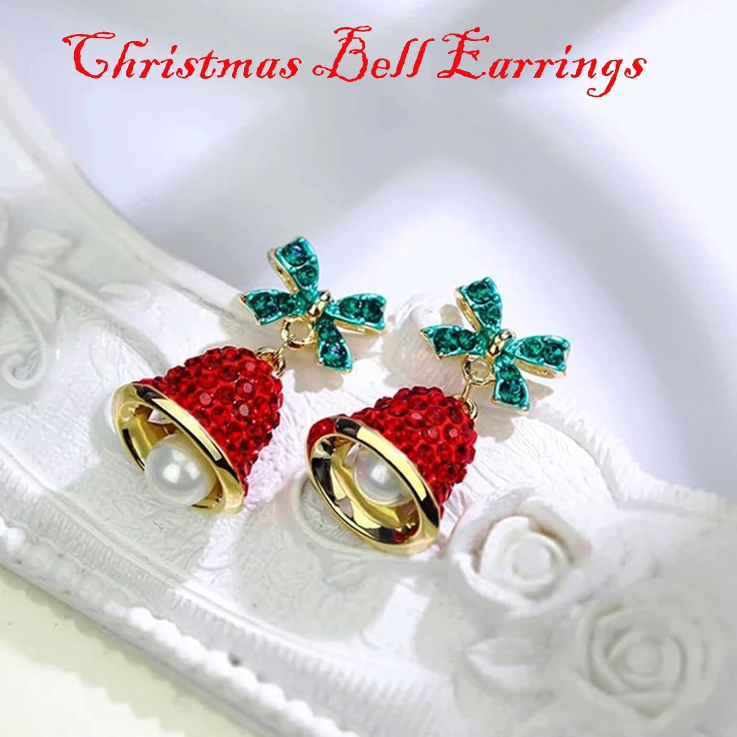 Christmas Bell Earrings for Women Green Christmas Bow Earrings Red Rhinestone Bell Christmas Hat Earrings Christmas Bell Pearl Earrings Christmas Gifts Stocking Stuffers for Her - Image 7