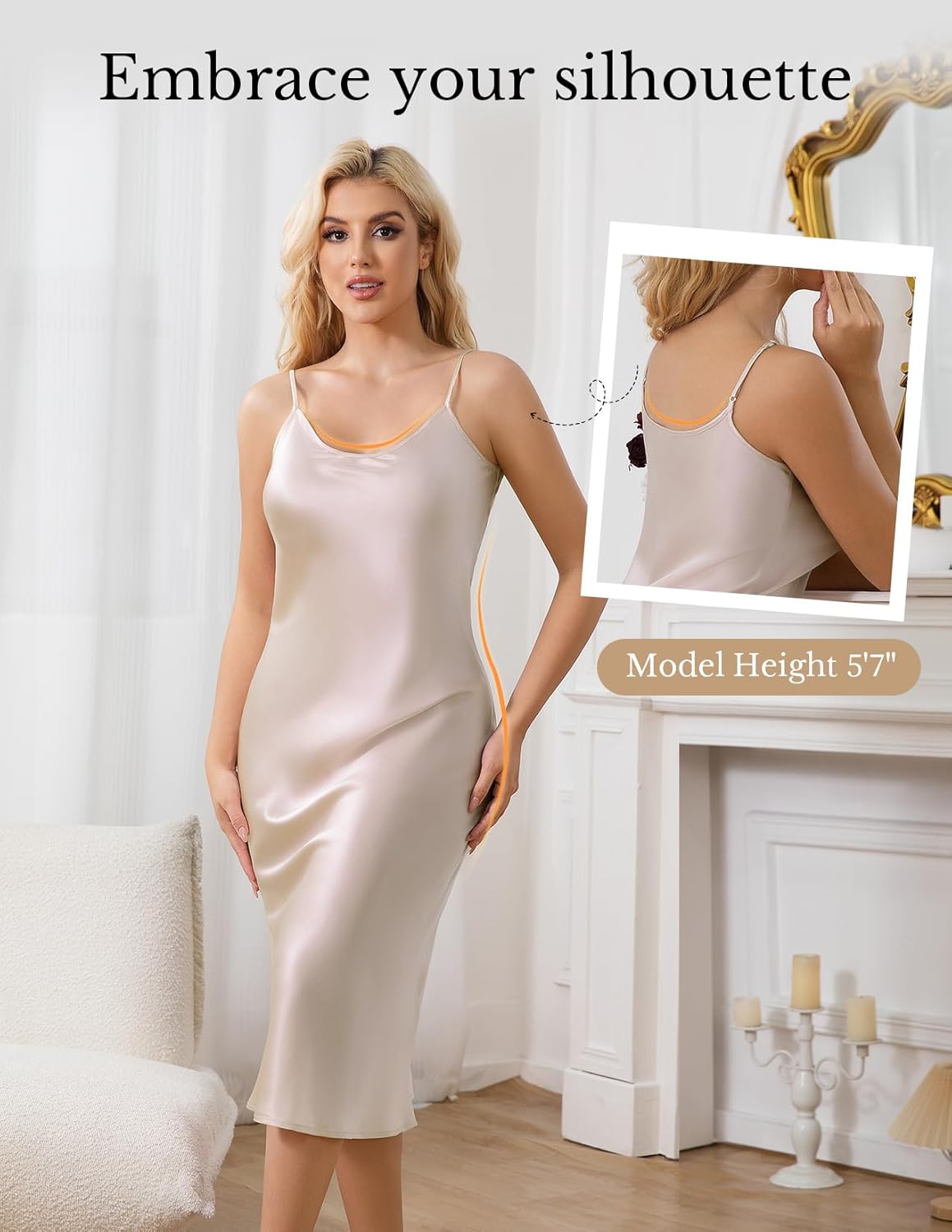 THXSILK Silk Long Nightgowns for Women, Pure Mulberry Silk Charmeuse Nightdress, Lingerie Adjustable Strap - Image 4