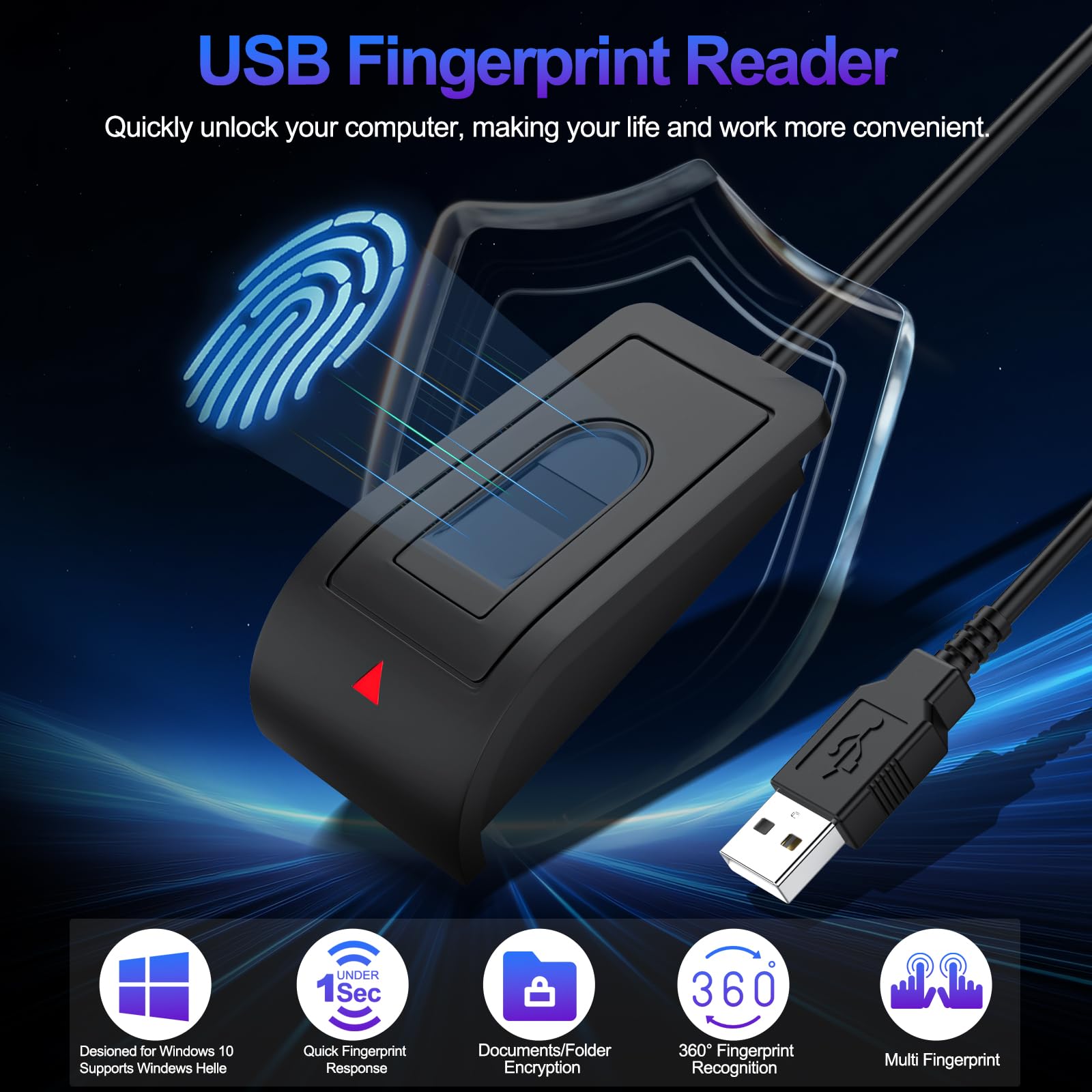 Lecteur d'empreintes digitales USB-A pour Windows 10/11,360 Degrés Tactile Lecteur Empreinte Digitale avec câble d'extension (1,5 m) sans Mot de Passe et chiffrement des fichiers,Plug&Play