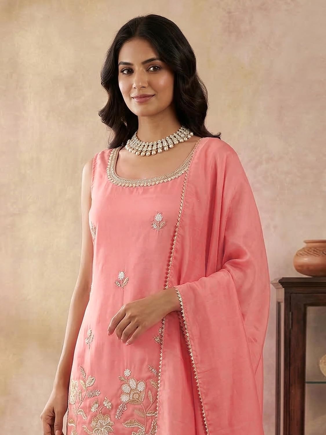 TRENDMALLS Women's Art Silk Beads Embroidery Sequence Work Kurta Palazzo Set with Dupatta Salwar Suit Set For Women