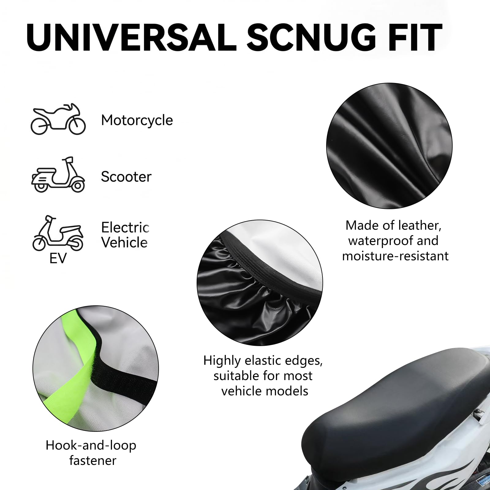 Copri Sella Scooter Universale, Coprisella Scooter Impermeabile, Elasticizzato, Antigraffio, Protezione Sole e Pioggia, Facile da Usare, 80x60cm, Nero