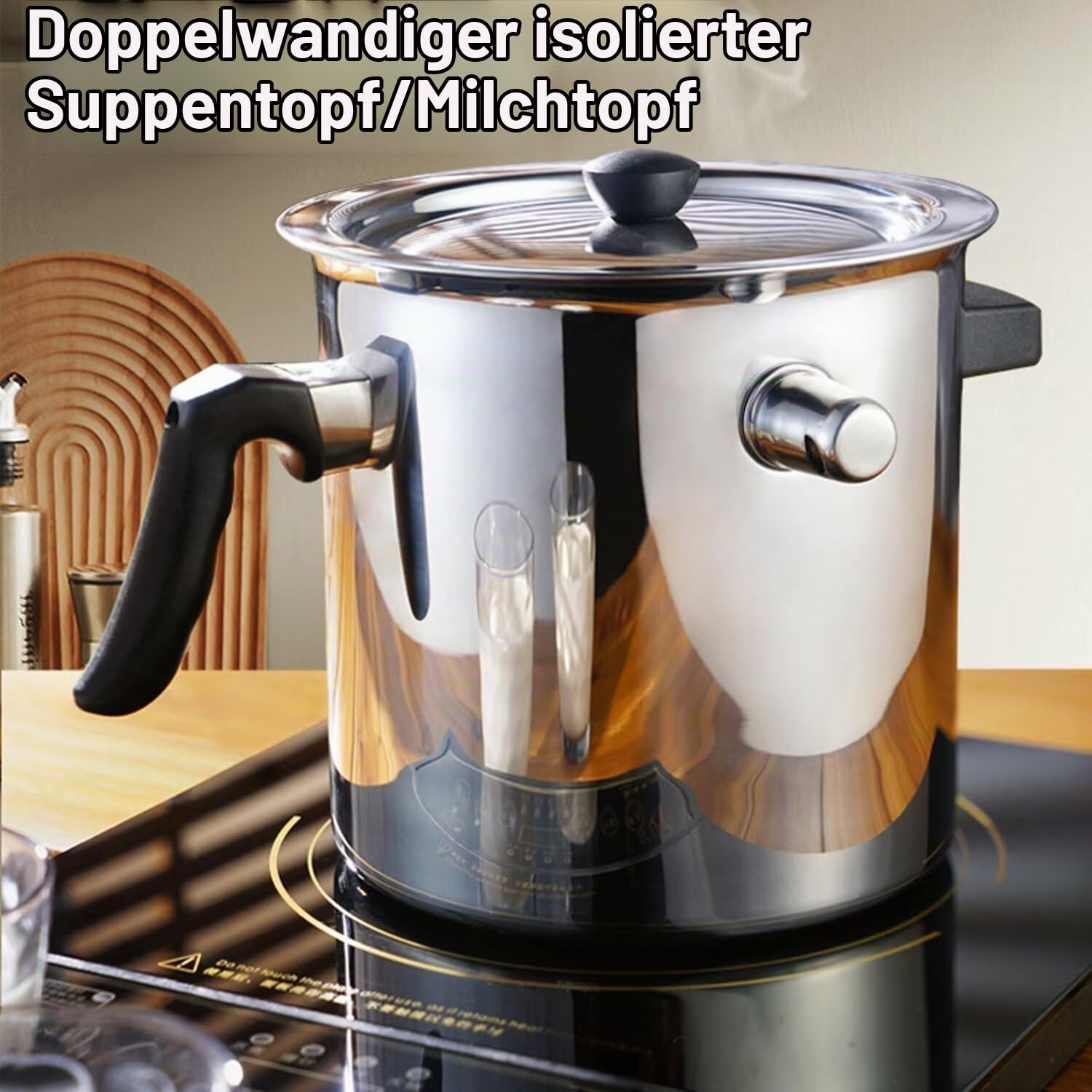 Doppelschichtiger Milchtopf aus Edelstahl 304,3-Liter-Suppentopf mit konstanter Temperatur für Induktionsherd und Gasherd,automatischer Milchtopf mit Pfeife,Verbrühungsschutzgriff