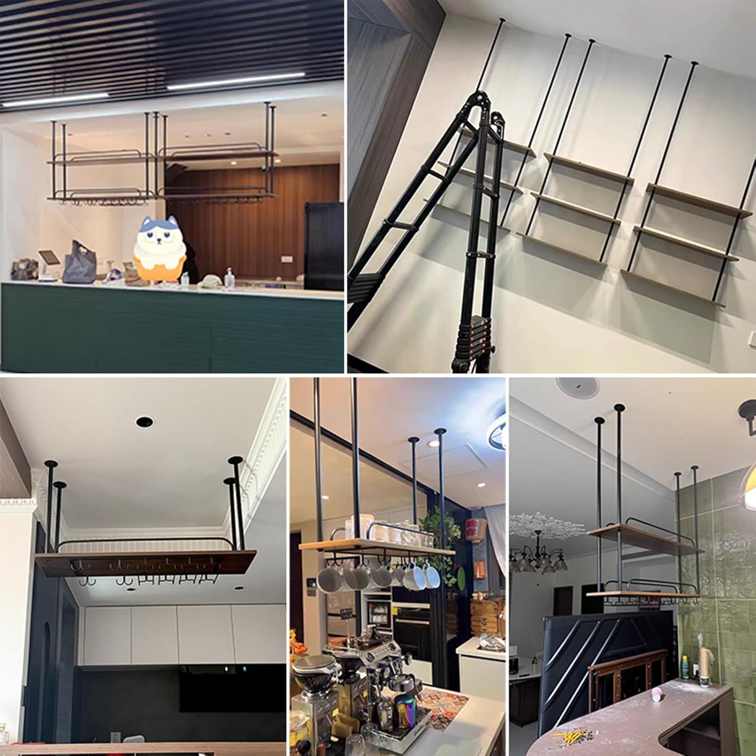 Ceiling Wine Rack, 2-Tier Wooden Wine Bottle Holder, Black Hanging Wine Glass nizer, 120cm Space-Saving Wine Storage Solution for Wine Lovers