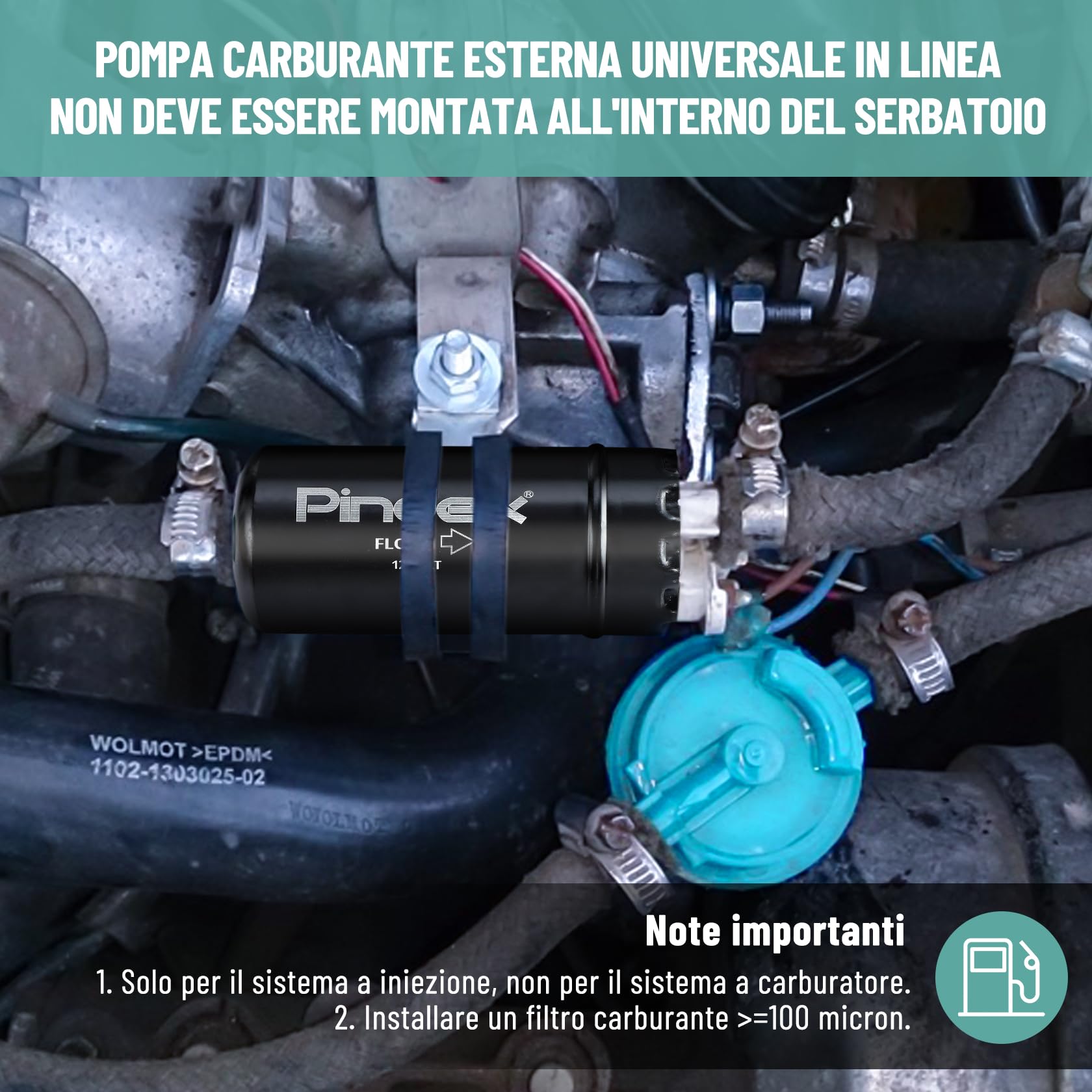 Pindex 0580464070 Pompa Elettrica per Carburante 12 V Ad Alta Pressione In Linea con Supporto Antiurto per Motore Auto,125 PSI 8.5 Bar,Nero