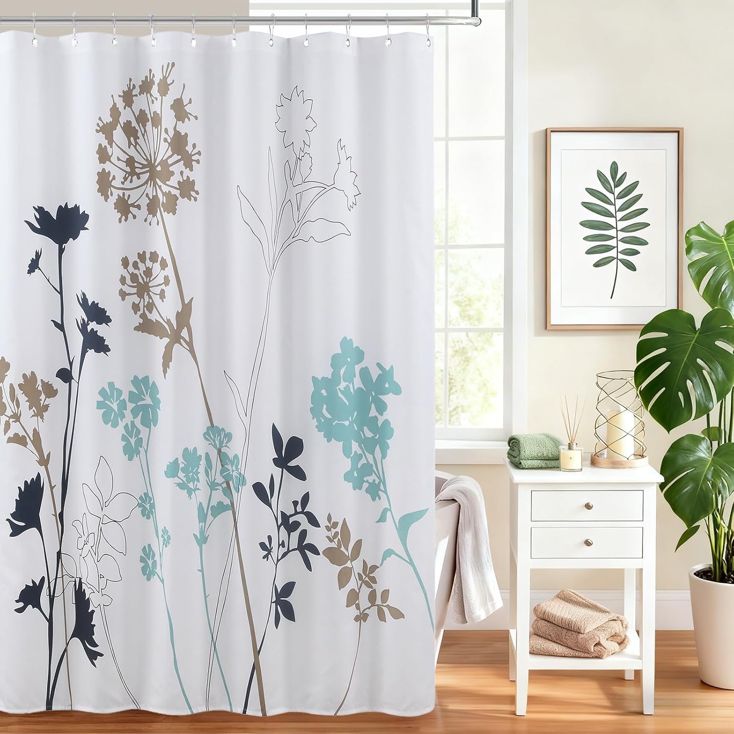 Green Blue Leaf Fabric Shower Curtain, Watercolor Eucalyptus Leaves Plant Shower Curtain, Waterproof Decorative Boho Botanical Bathroom Curtains, 72" W x 72" H