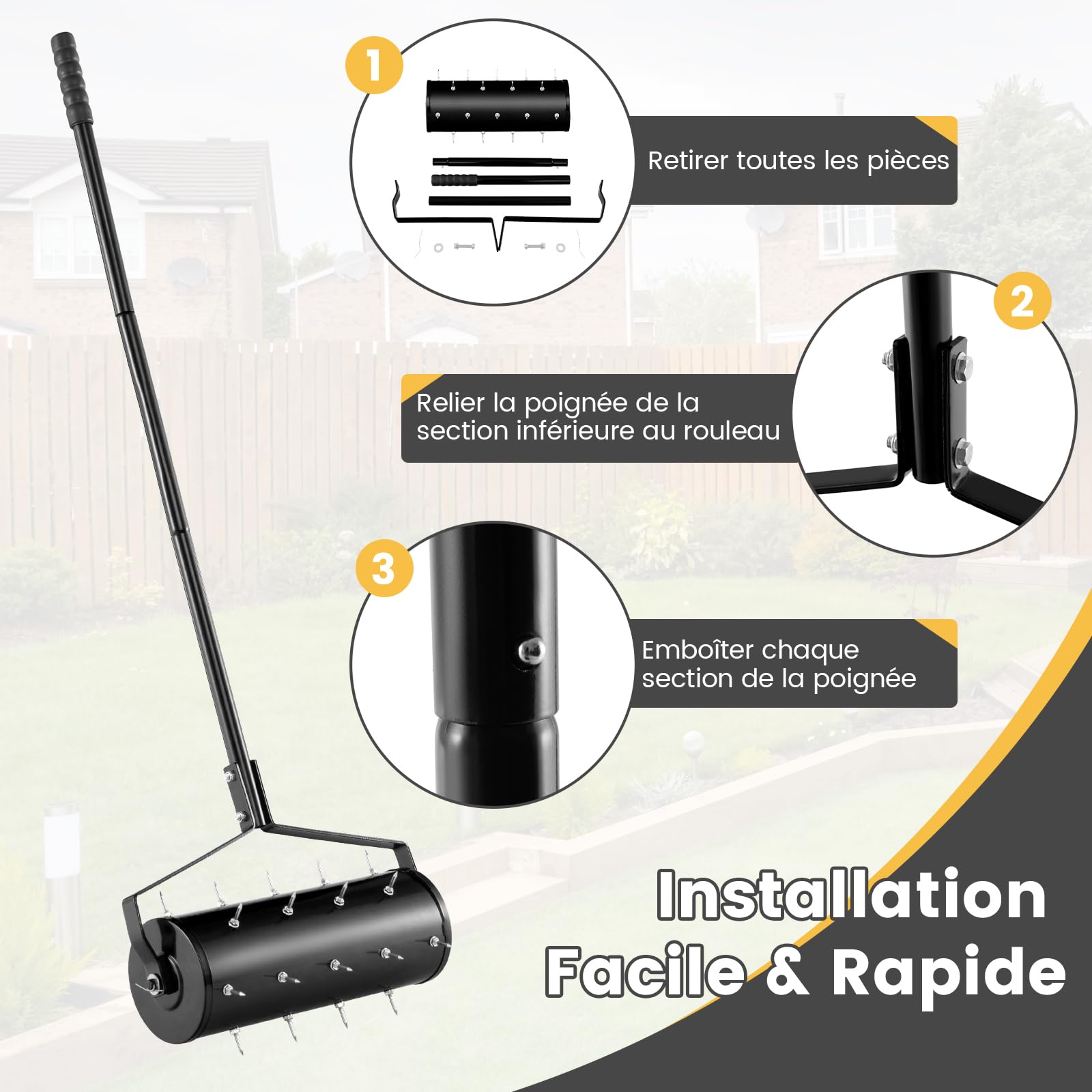 RELAX4LIFE Scarificateur Gazon Manuel 45CM avec Poignée &Rouleau à Pointes Rotatives, Rouleau Aérateur Gazon de Pelouse en Métal pour Jardin Cour Patio (5.5L | 45x130CM, Noir)