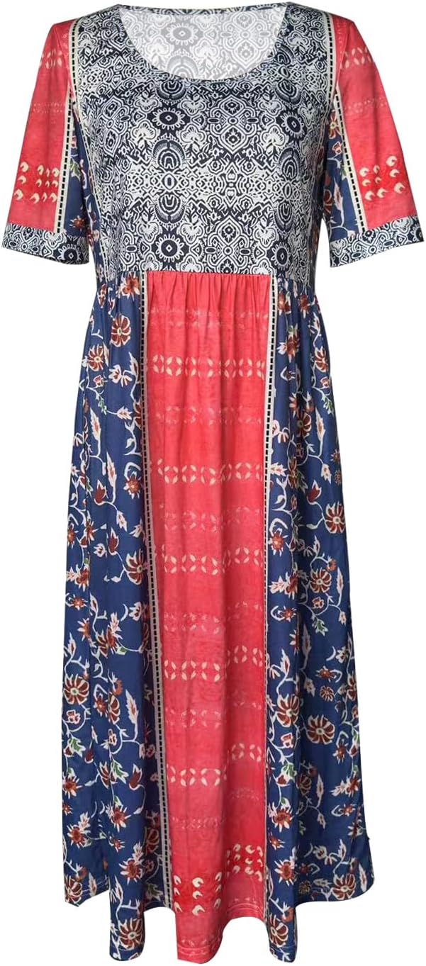Geleglaer Women's Boho Floral Maxi Dress Summer Casual Crew Neck Short Sleeve Dress Flowy Bohemian Tshirt Dress with Pockets - Image 4