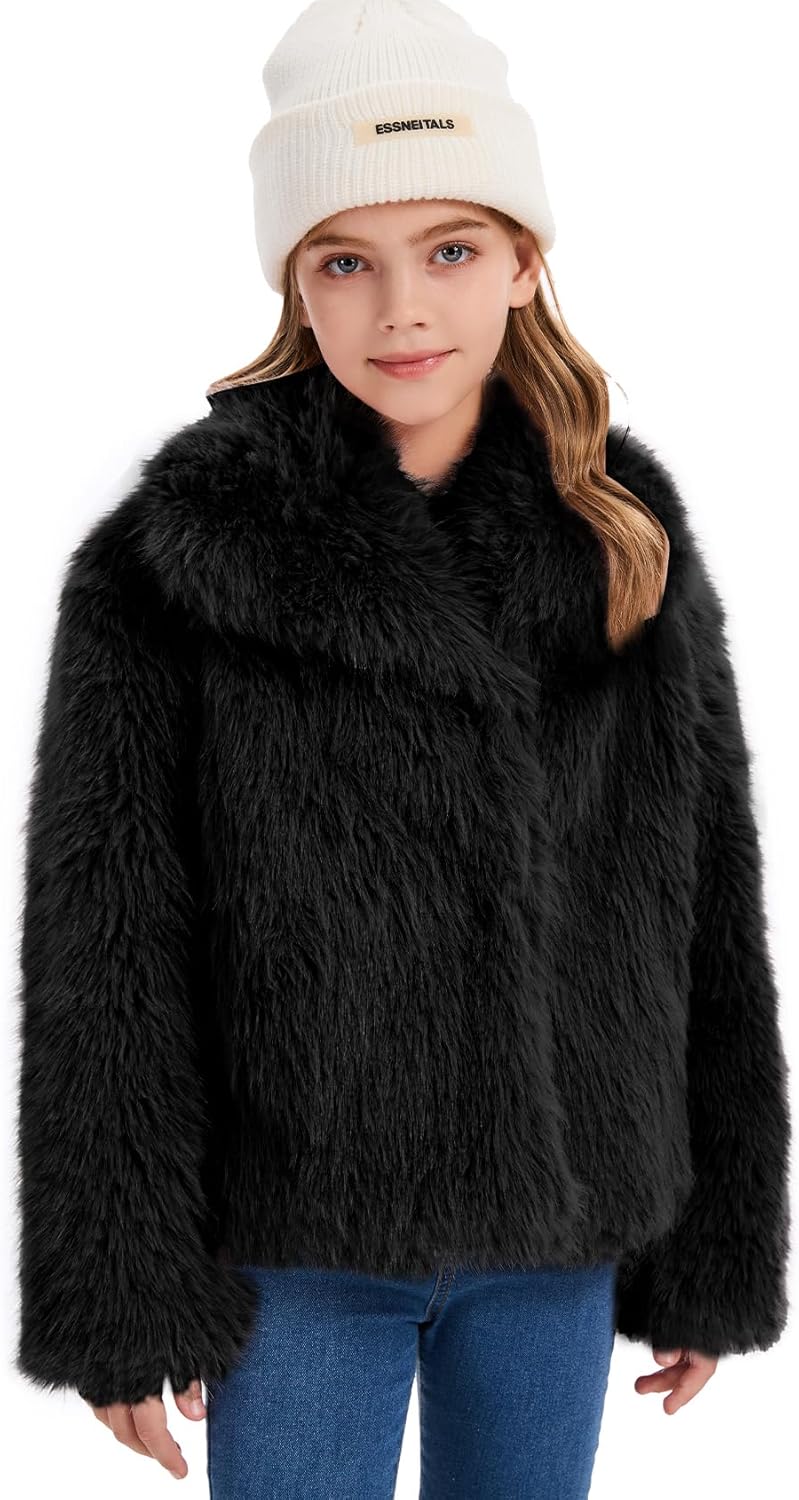 Flygo Girls Faux Fur Coat Kids Fluffy Long Sleeve Lapel Collar Open Front Jacket Warm Winter Shaggy Outwear with Pockets - Image 4