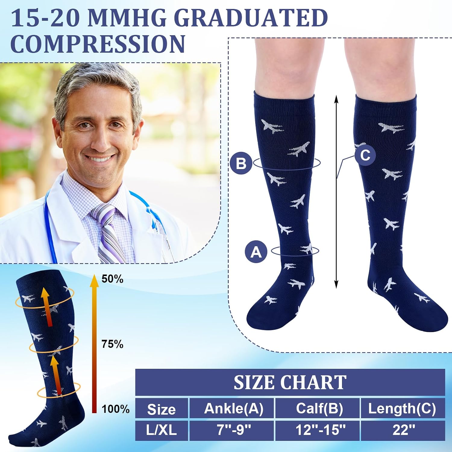 Cuffbow 5 Pairs Funny Airplane Compression Socks for Men 15-20 mmHg Graduated Knee High Pilot Dress Compression Socks for Travel Flight Aviation Birthday Christmas