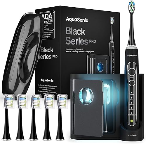 Aquasonic Black Series PRO UV - Cepillo de dientes eléctrico ultrablanqueante - 5 modos y temporizadores inteligentes - Base desinfectante UV,