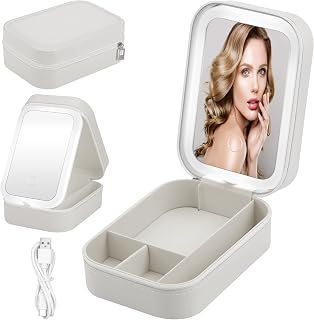 JIZZU Travel Makeup Bag with LED Lighted Mirror, 3 Colors LED Light Cosmetic Case, Portable Travel Jewellery Makeup Organizer, Gift for Women, Outing, Travel, White, Portable