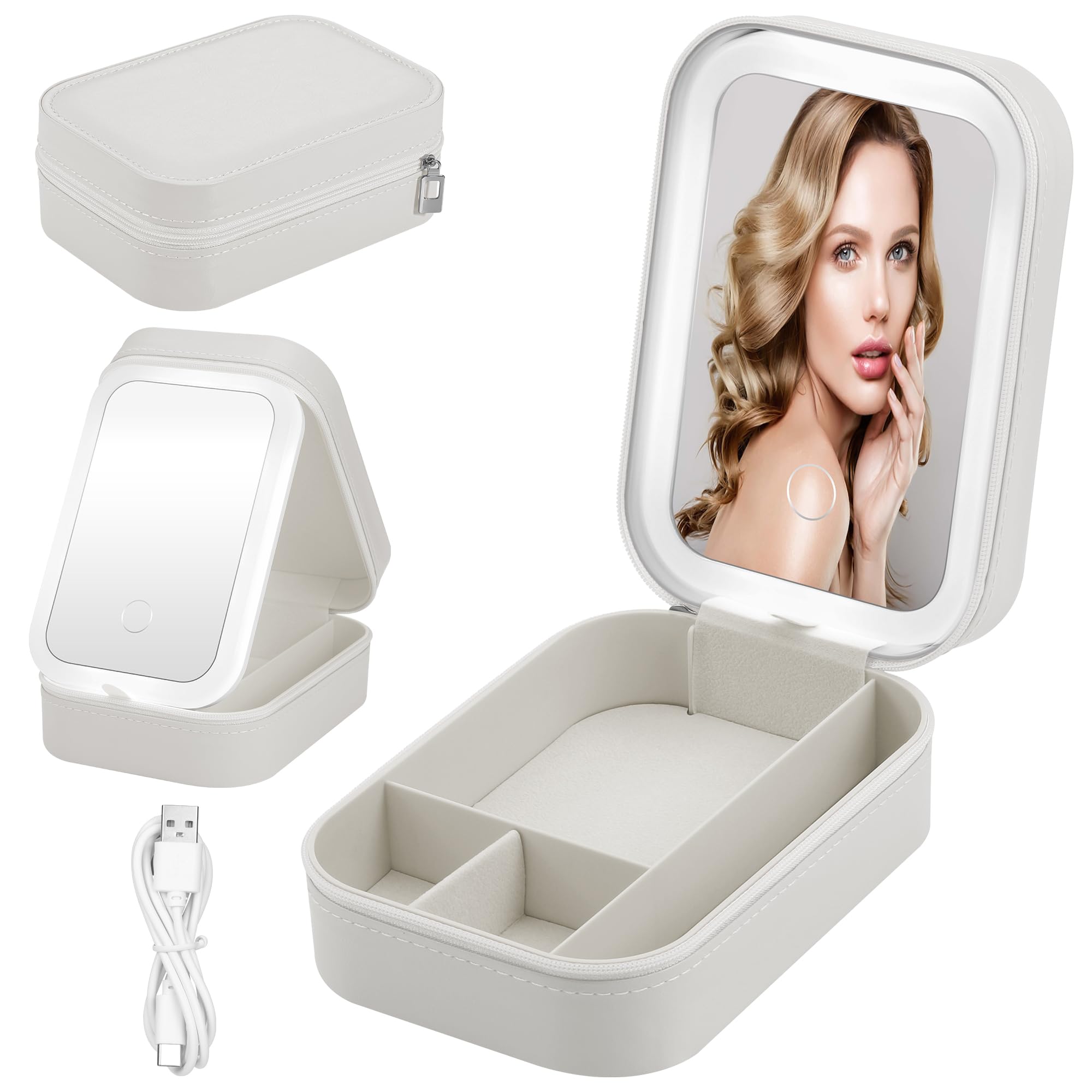 JIZZU Maletín Maquillaje con LED Espejo, Estuche de Cosméticos con Luz LED de 3 Colores, Organizador de Viaje Portátil con Separadores, Regalo para Mujeres (Blanco)