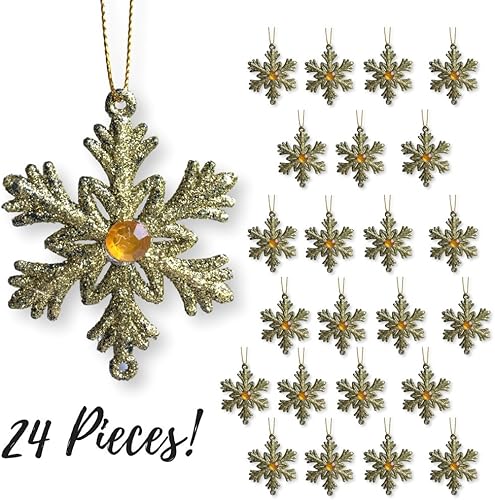 Miniatura 2 de Adornos navideños dorados de copo de nieve  Juego de 24 adornos de copos de nieve brillantes con cuerdas para colgar, decoraciones festivas de 2 12