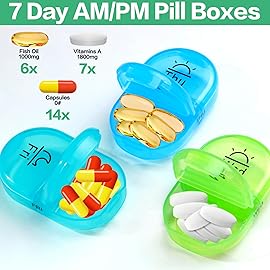 Serfeymi Weekly Travel Pill Organizer 2 Times A Day AM PM Upgraded Rainbow Pill Box 7 Day with Portable Zipper PU Leather Pill Case, Medicine Organizer for Pills, Vitamins, Fish Oils - Blue 01
