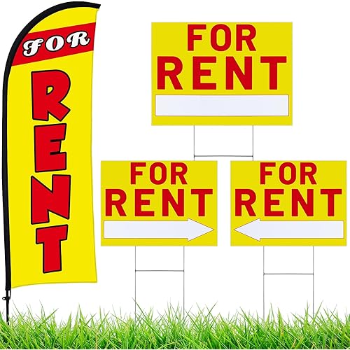 Buryeah For Rent Sign Sets 1 Pack for Rent Feather Flag Banner 3 Pack Double Sided Directional Arrows Yard Signs with Metal Stakes for Homes, Estate, Apartments, Businesses, Directional(Yellow)