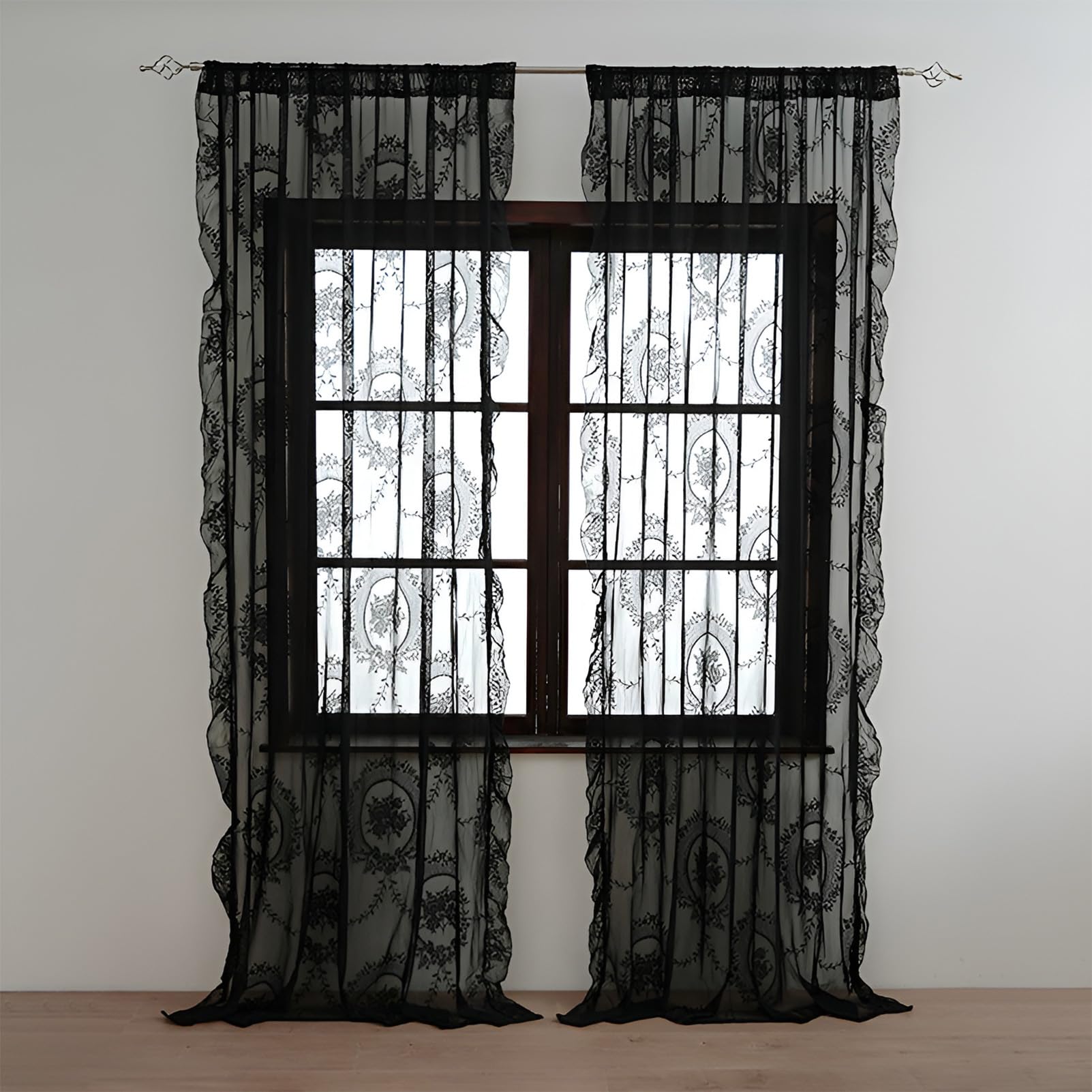 apott Black Lace Sheer Curtains 2 Panels Floral Net Curtains for Bedroom Embroidered Vintage Voile Drapes for Windows Living Room Rod Pocket, 55x79 Inch