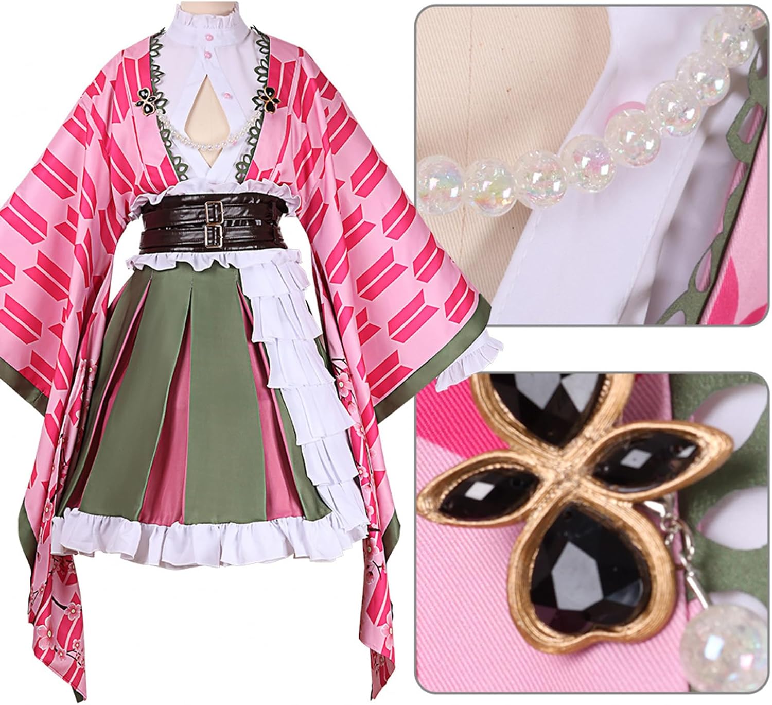 Kanroji Mitsuri Costume Women Outfit Dress Suit Set with Earrings Halloween Adult