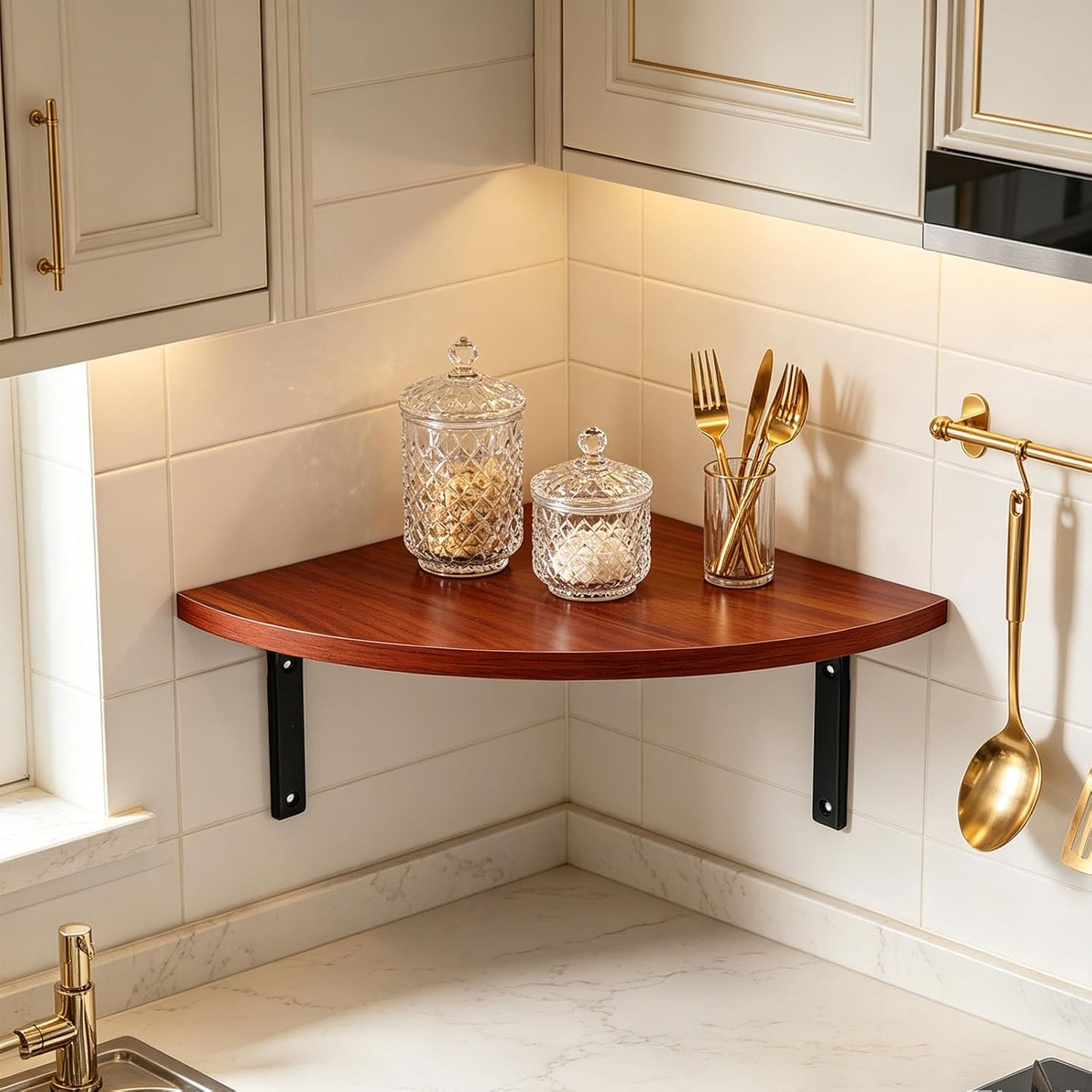 Wooden Corner Shelf Wall Mounted for Storage and Display Brown